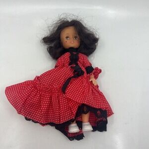 Vintage Doll Plastic Red‎ Polka Dot Dress White Black Lace Trim 8"